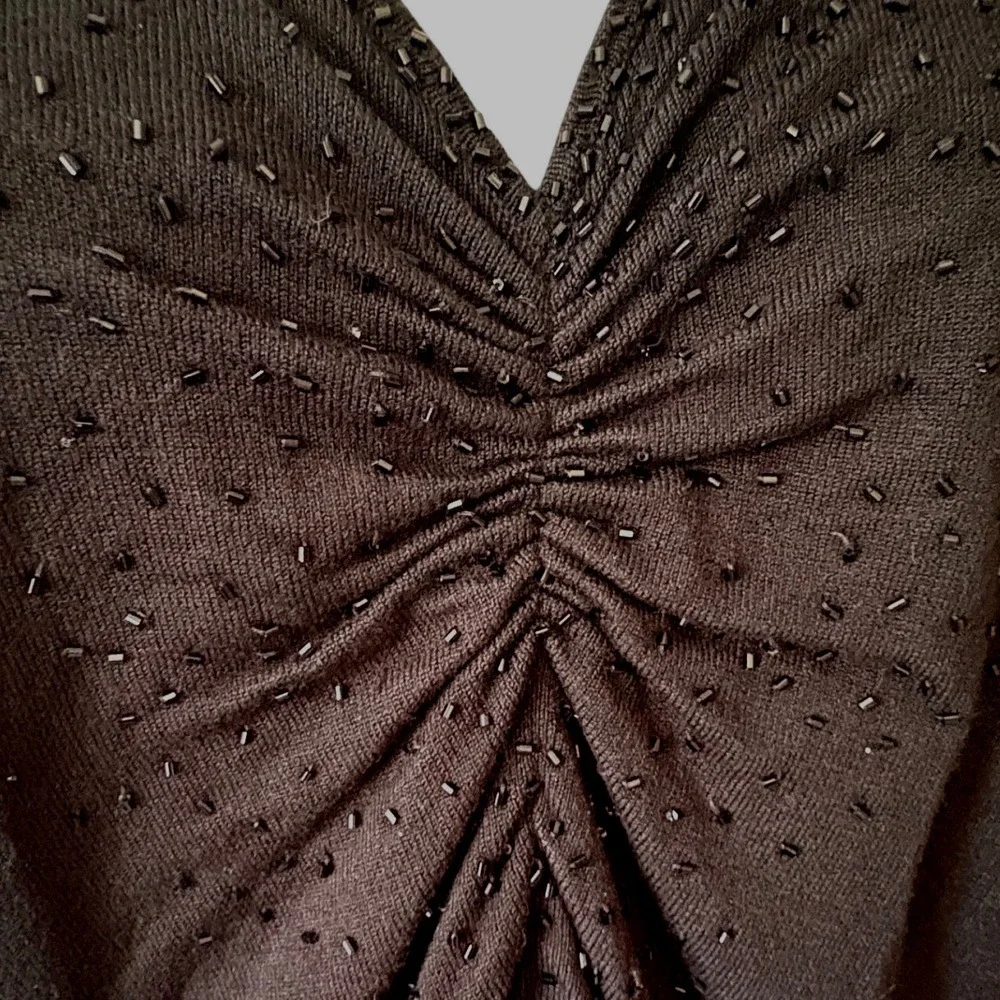 Apt 9 Woman Black Beaded Ruched V-Neck Knit Sweater Top Plus Size 1X Long Sleeve